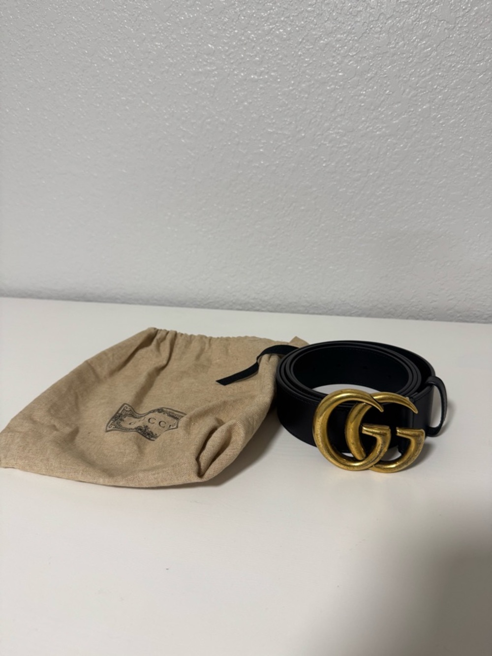 Gucci Black Leather Belt with Antique Gold Double G Buckle